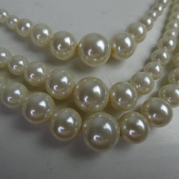Triple Multi Strand Graduated Round Faux Pearl Beaded Rhinestone Bib Necklace - Picture 4 of 9